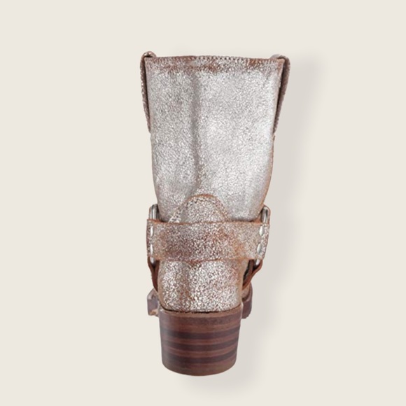 Festival Frye Harness 8G Glitter Silver Tan Pull On Metallic Cowboy Short Boot - Picture 3 of 15